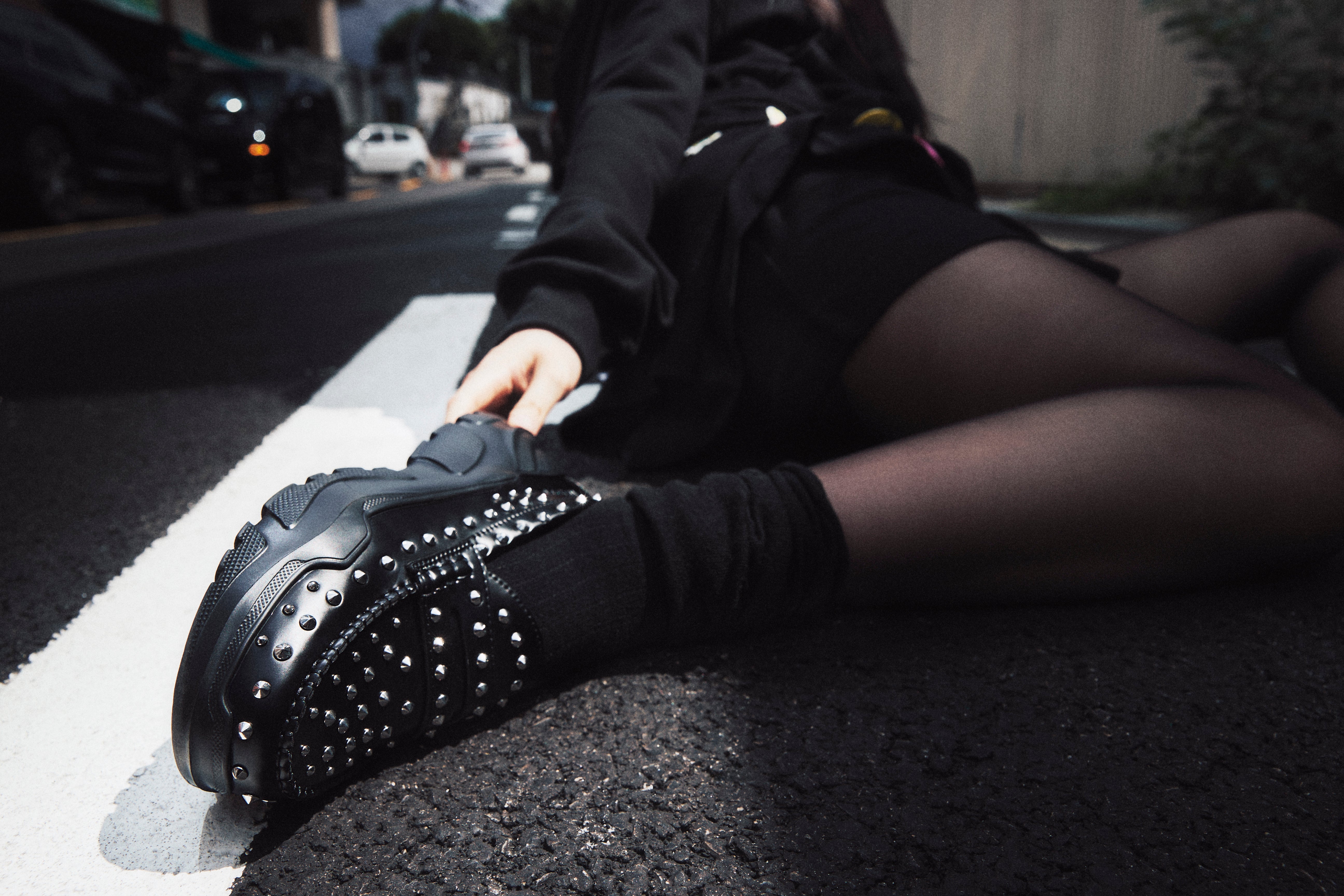 AKIKOAOKI X WE11DONE BLACK WOMENS FULL SILVER STUDDED LOAFERS