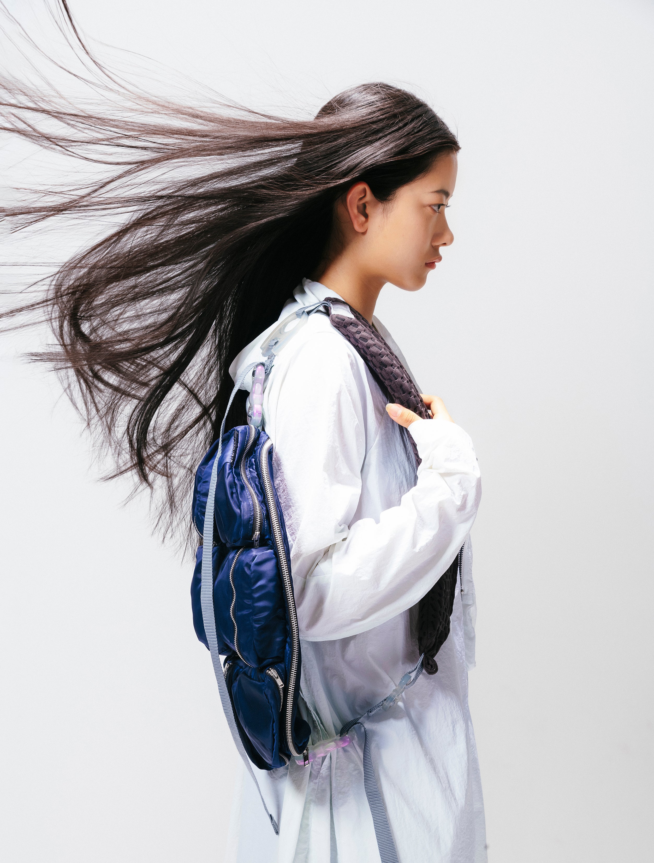 7 Pockets bag Navy × Gray × Aurora purple