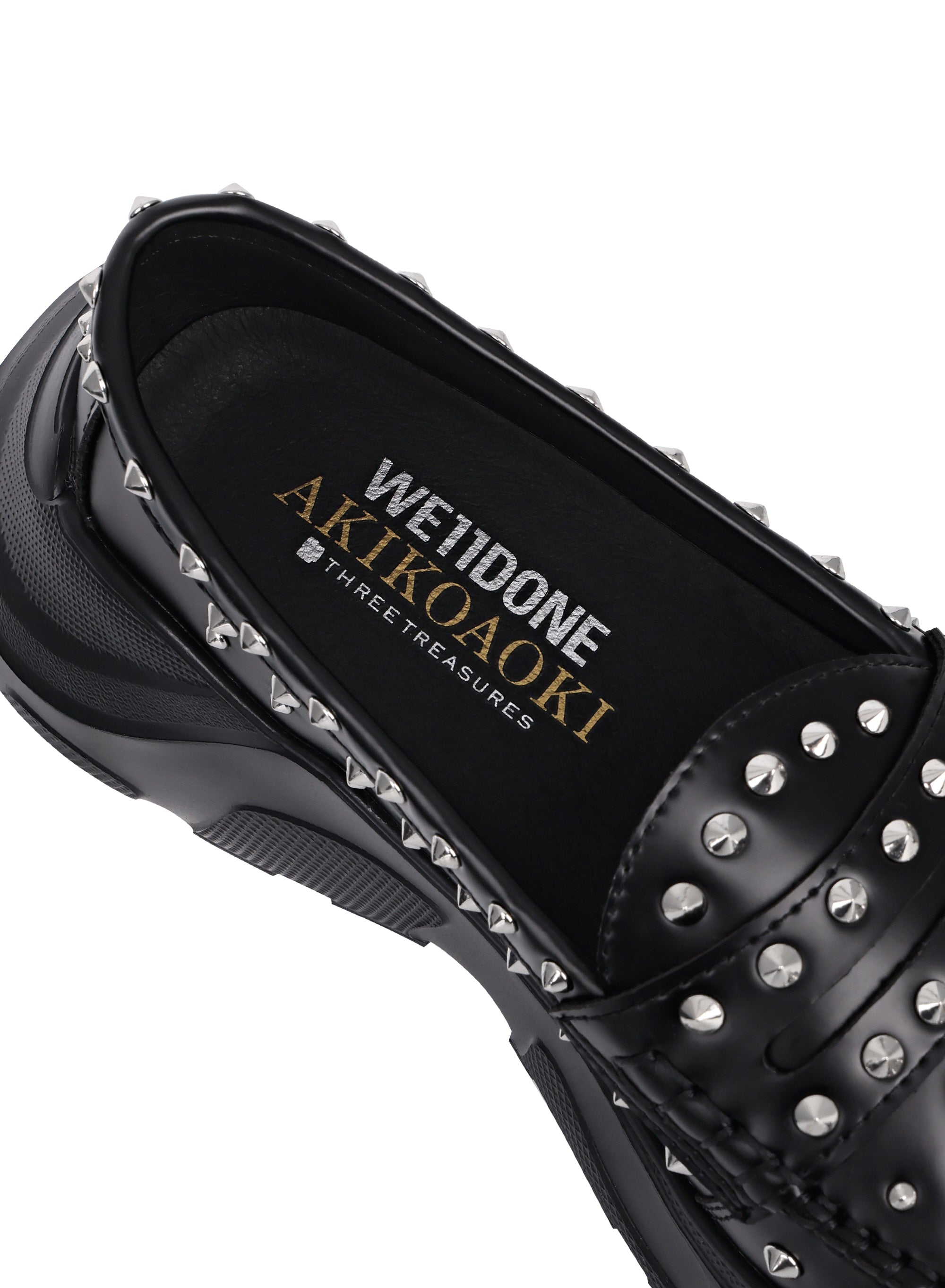 AKIKOAOKI X WE11DONE BLACK WOMENS FULL SILVER STUDDED LOAFERS
