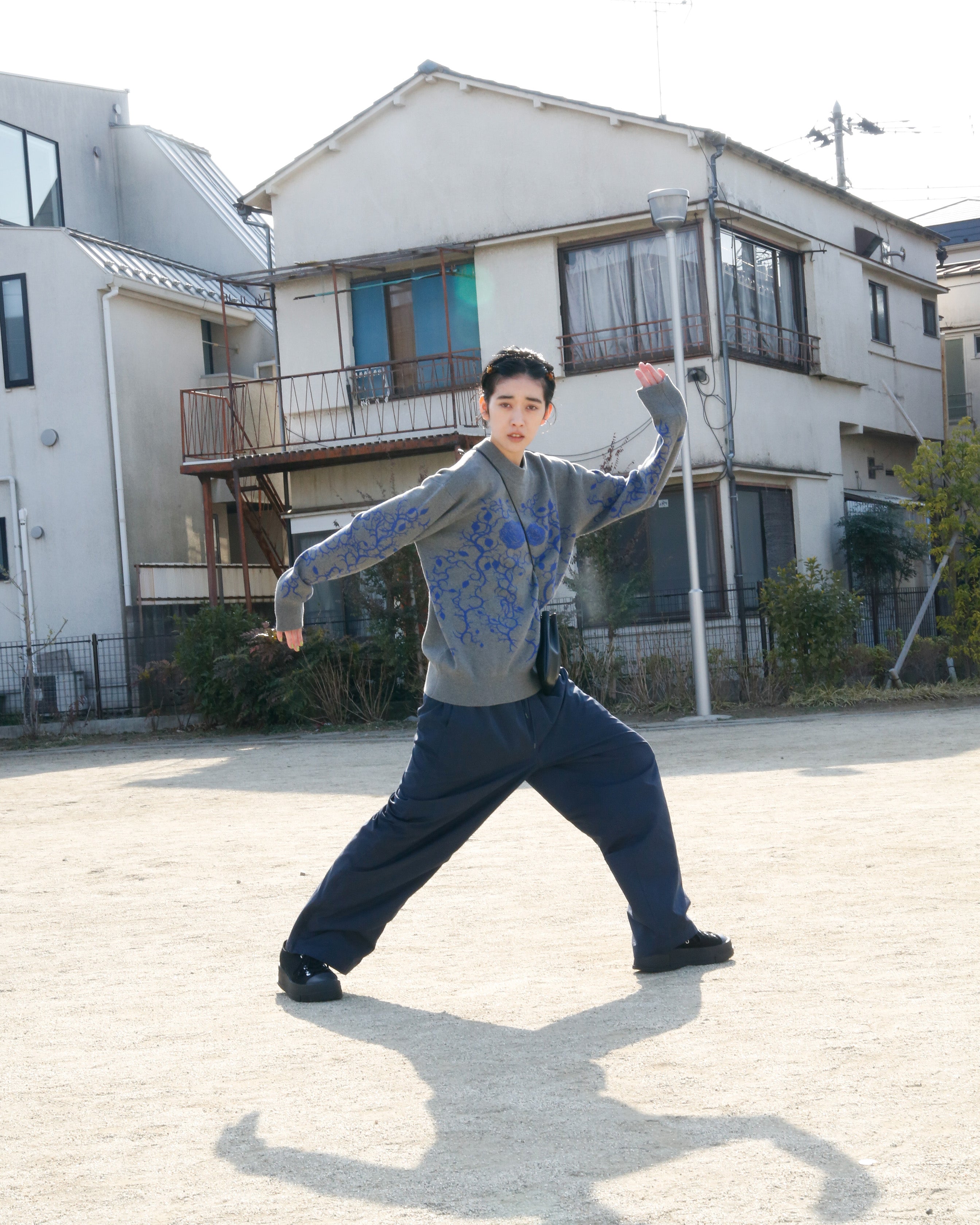KEISUKEYOSHIDA rose tribal knit Gray × Blue