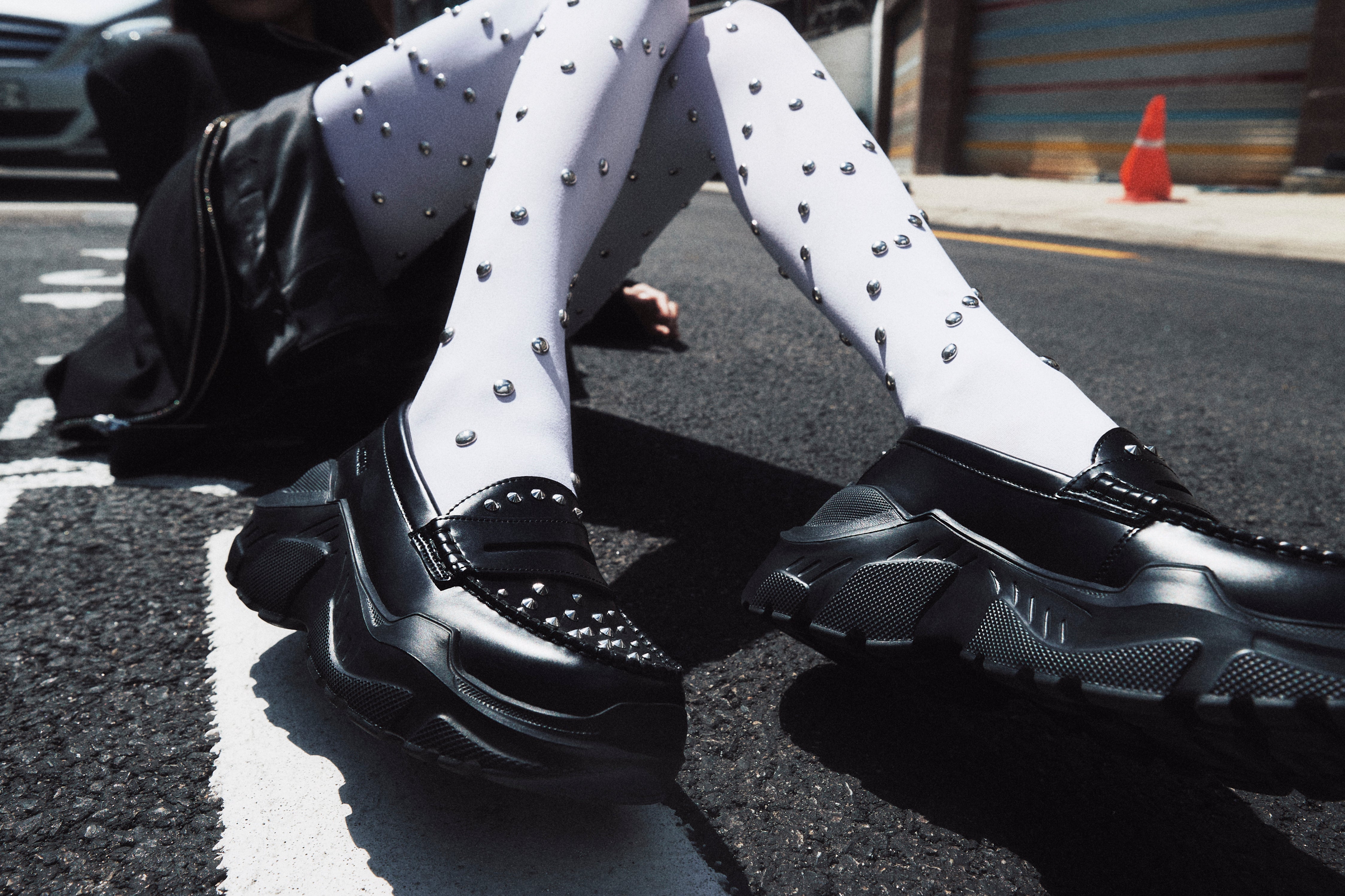AKIKOAOKI X WE11DONE BLACK WOMENS STUDDED LOAFERS