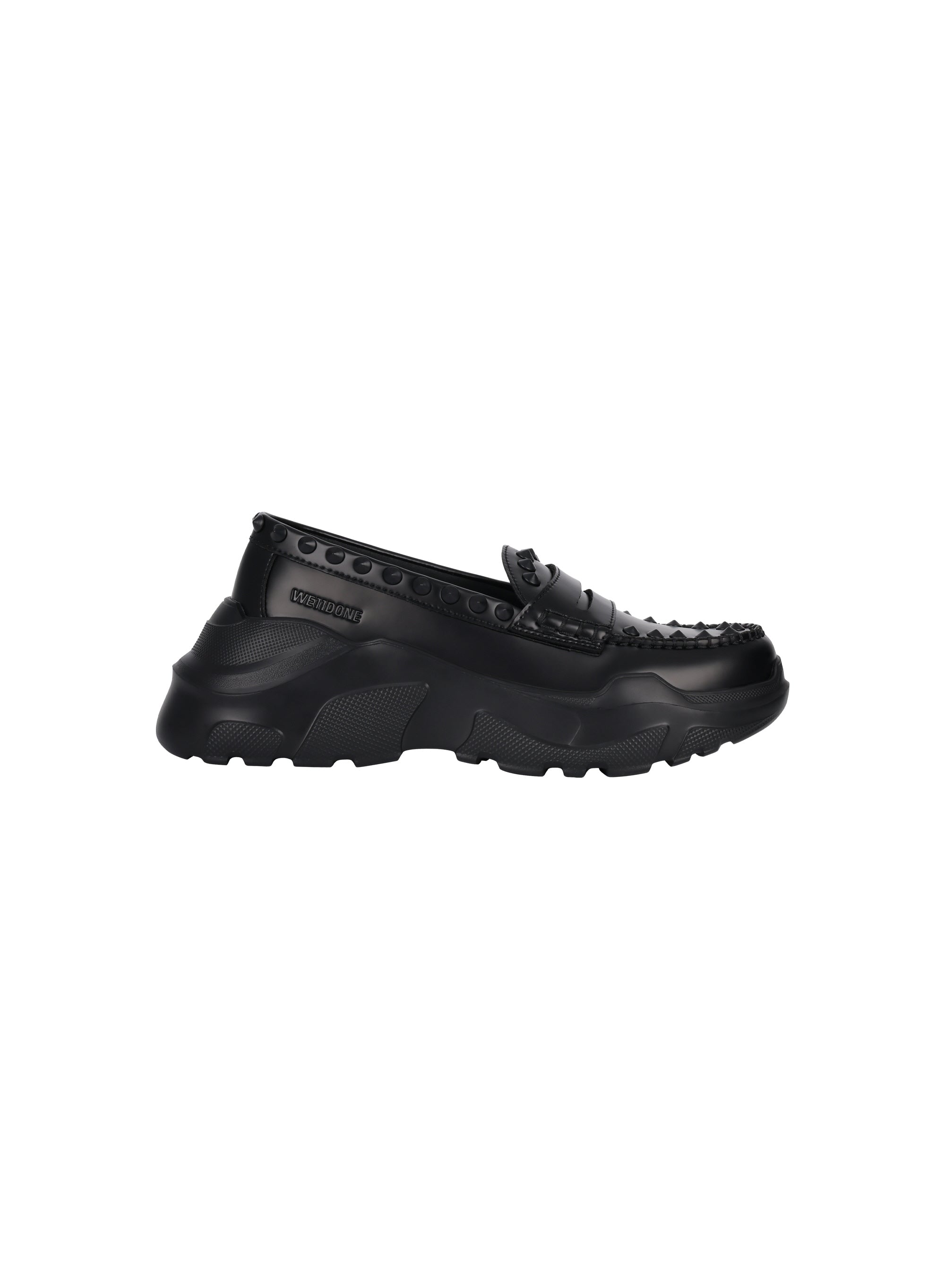 AKIKOAOKI X WE11DONE BLACK WOMENS MATTE BLACK STUDDED LOAFERS