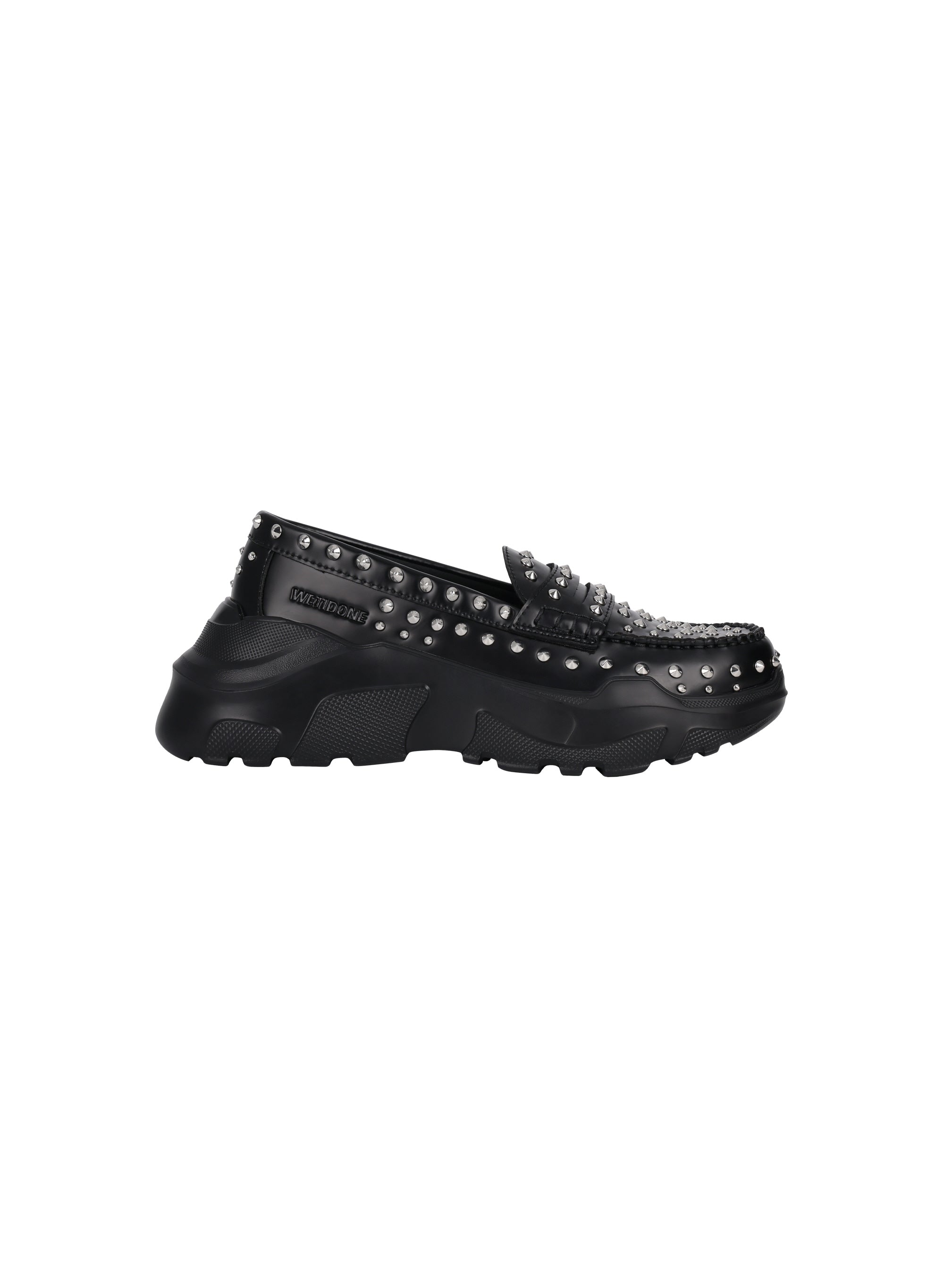 AKIKOAOKI X WE11DONE BLACK WOMENS FULL SILVER STUDDED LOAFERS